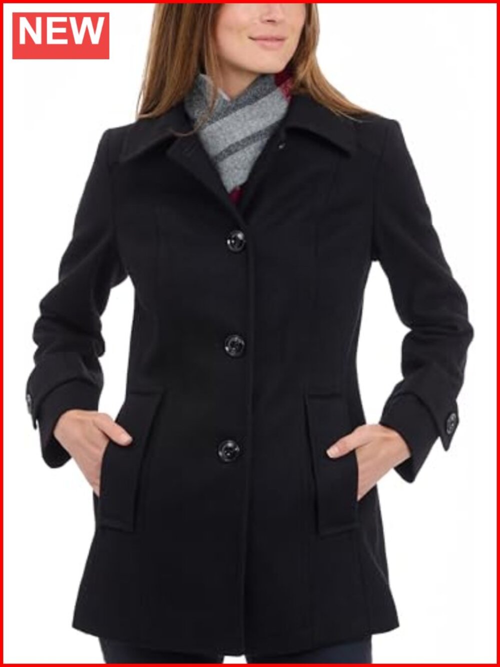 Women's Single-Breasted Wool Coat With Plaid Scarf